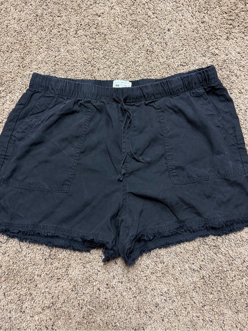 For The Republic Black Drawstring Shorts with Frayed Hem